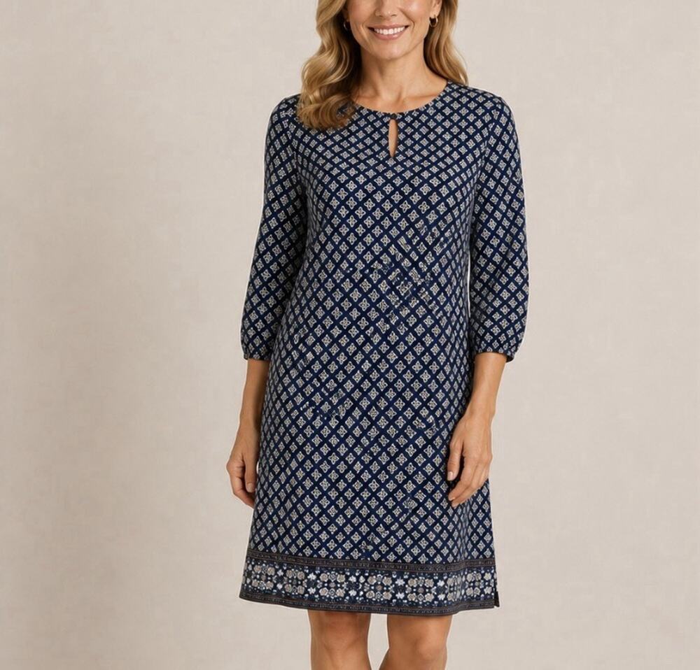 Lands' End Size M (10-12) Navy Blue Printed Midi Dress 3/4 Sleeve Cotton Modal